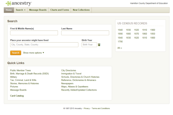 GETTING STARTED -- The front page of ancestry.com is the first step in learning about your family tree.