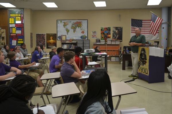 MR. KRIBS KEEPS STUDENTS ENTHRALLED WITH WITH HISTORY AND GEOGRAPHY -- Mr. Kribs teaches World History and Geography to freshmen pounders. 