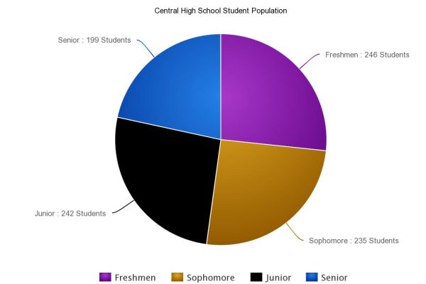A POUNDER PIE CHART -- This chart compares the population percentage of each class at Central High, with freshmen being the largest and seniors being the smallest.