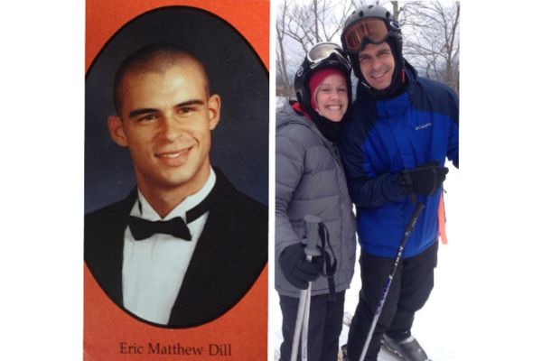 TRANSFORMATION -- (Left) Eric Dill's senior picture in the 1999 yearbook; (right) Eric with his wife, Julie, on a recent youth ski trip.