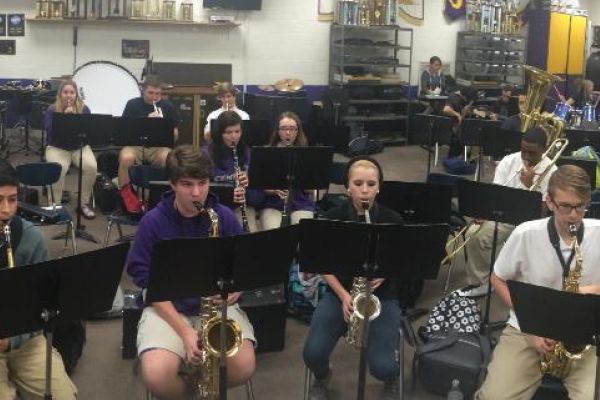 MEMBERS ENJOY THE FIRST JAZZ BAND REHEARSAL -- Band members stay after school to kick off the new jazz band program and begin rehearsal.