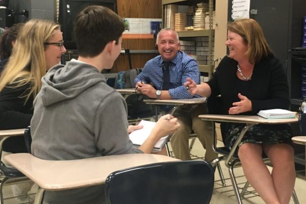 ALL SMILES-- (Left to right) Central Digest Editor-in-Chief Savannah Smith, Central Digest Assistant Editor Preston Fore, Central Principal Finley King and Chief Academic Officer Jill Levine are all smiles discussing her new role as Chief Academic Officer. 