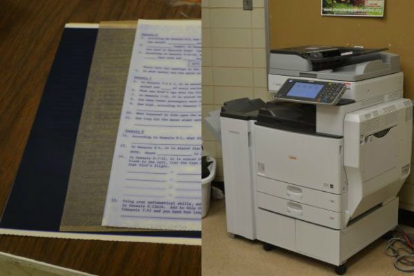 THE CHANGE IN THE PRINTING PROCESS-- (Left) Ditto paper, composed of one carbon ink sheet, an original copy sheet, and a thin sheet in between separating the ink and original copies. These sheets were used by the mimeograph, which was used as the main copying method in the 20th century. (Right) The present day copying machine requires only copy paper and a computer source to print and make copies.