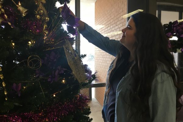 OH CHRISTMAS TREE, OH CHRISTMAS TREE! -- Senior, Rachel Woodward helps decorate and light up the Christmas tree in Centrals front office.