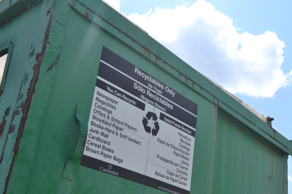 RECYCLING RETURNS --
The list of recyclables hangs on the side of the Central recycling bin.