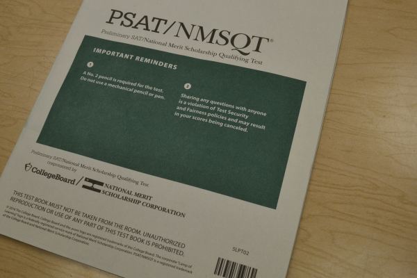 SOPHOMORE AND JUNIORS TAKE THE PSAT ASSESSMENT-- A PSAT practice testing booklet used to help students study 