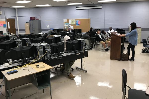 ENGAGING AND INFORMING -- Eavie Porter, from Go Build Tennessee, informs a group of sophomores on what it takes to work in the marketing and grass-roots field. 