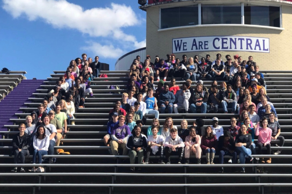 SENIORS BUNDLE UP FOR SENIOR PICNIC DAY -- Seniors continue the tradition of forming their graduation year in the football field bleachers.