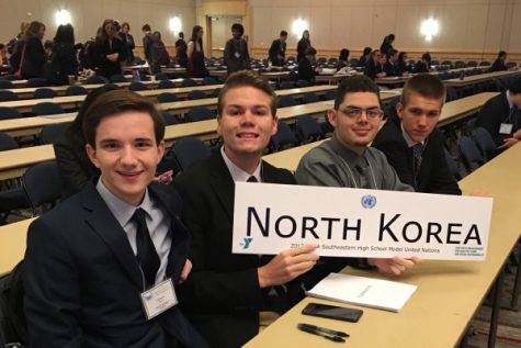 CENTRAL REPRESENTS NORTH KOREA IN MODEL U.N. -- Preston Fore, Jake Johns, John Britt, and Matthew Frazier represent the North Korean delegation at annual SHSMUN.