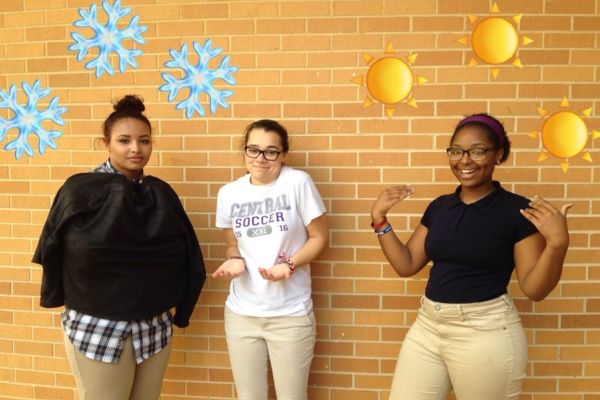 HOT OR NOT? -- (left to right) Seniors Ashley Crum and Madison Young help me  figure out the school temperature. 