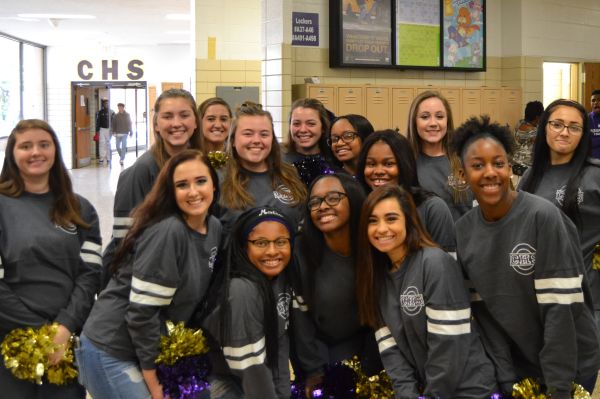 WE ARE CENTRAL -- Central's Cheer Squad gets ready for the Pounder Walk throughout the school to celebrate the football team going to the second round of the TSSAA playoffs.