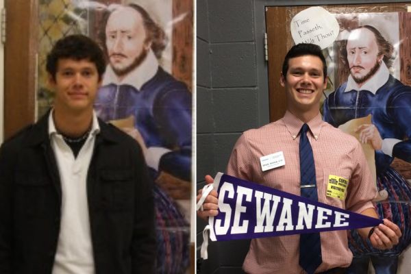 RYAN POOLE RETURNS TO CENTRAL -- (Left to right) Poole (2012) was copy editor of the Central Digest; Poole (2017) returned as an admissions representative of Sewanne University. 