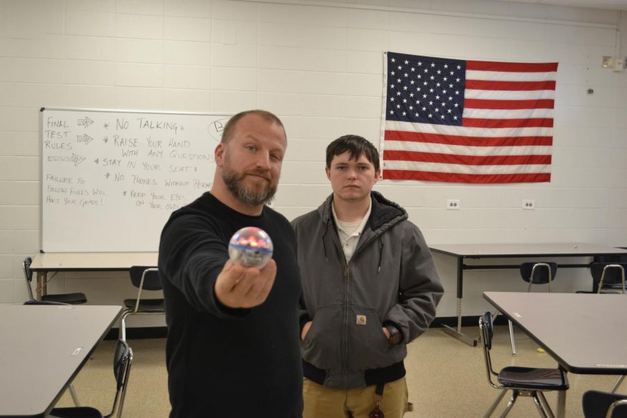 MECHATRONICS IF FLOURISHING IN FIRST YEAR AT CENTRAL -- Mr. King (left) and  Gavin Rampagos (right) show off one of the Sphero balls