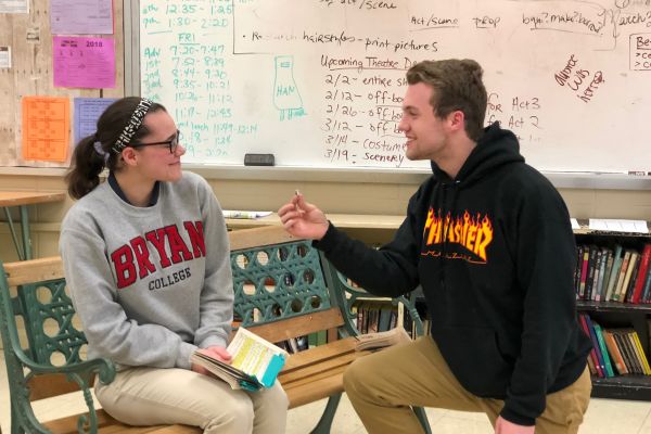 THE PROPOSAL--(left to right) Haylee Smith and Mitchell ONeil are acting out the proposal scene.