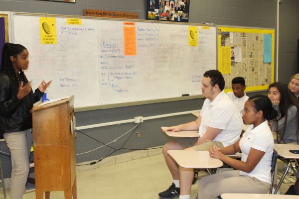 CLASS ELECTIONS ARE ABOUT TO BEGIN -- DayOnna Carson, junior, lecturs her peers on why they should vote for her to be class president