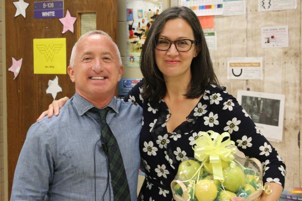 SALLY WHITE WINS WDEF GOLDEN APPLE AWARD -- Principal Finley King presents White with her basket of apples. 