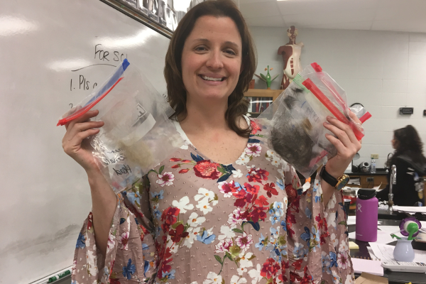 HAIR WANTED: COTREAUS FORENSIC CLASS ANALYZES DIFFERENT TYPES OF FIBERS — Mrs. Cotreau is appreciative of the baggies full of hair and fur donated to he forrensics classes,
