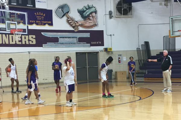 THE GIRLS BASKETBALL TEAM AIMS TO SCORE BIG THIS 2018-2019 SCHOOL YEAR -- Coach Rick May gives out advice to The Lady Pounders to help them improve during practice.