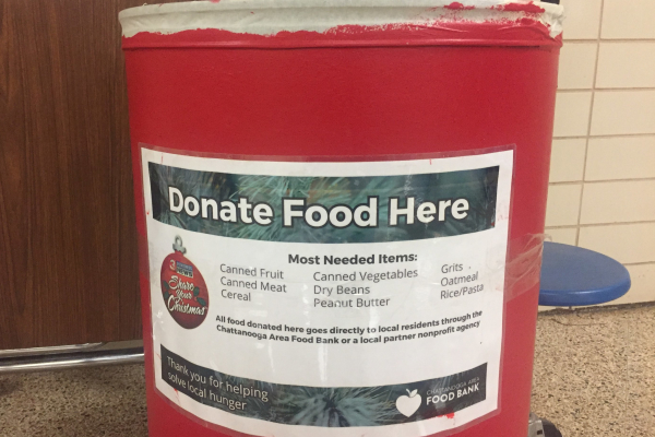 CENTRAL COMPETES AGAINST NOTRE DAME IN FOOD DRIVE BENEFITING THE FOOD BANK -- Students donated their non-perishable food items to the Chattanooga Food Bank using these bins.