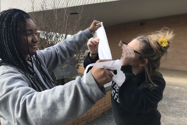 A STUDY OF THE STEADY DECLINE IN SCHOOL PRODUCT QUALITY -- RIana Taylor (left) holds toilet paper sample for research purposes. 