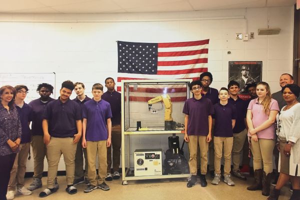 CENTRAL WELCOMES FUTURE READY ADVANCED MECHATRONICS AND ENGINEERING DESIGN COURSES -- Jonathan Kings class showcases one of their robot creations in light of the new advanced mechatronics and engineering design courses that will soon be available to students.