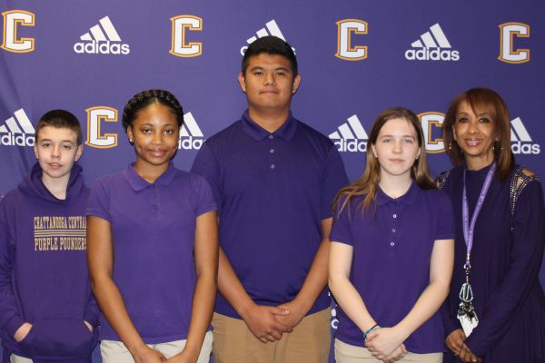 2019 CENTRAL STUDENTS OF THE WEEK -- Four freshmen, Matthew Merfert (left), Georkelia Bauls (middle left), Demetrio Dominguez (middle right), and Shelby Sartin (right), as well as Karen Atkins (far right) pose as they are honored for being apart of the student of the week program. 