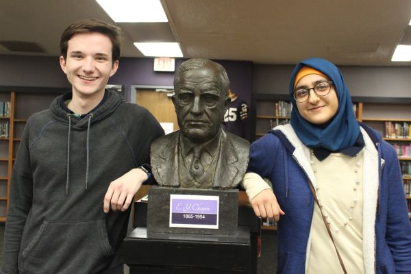 FORE ANNOUNCED AS VALEDICTORIAN; WHAYEB SALUTATORIAN OF THE CLASS OF 2019 -- Valedictorian Preston Fore and Salutatorian Zeena Whayeb pose beside a monument dedicated to E. Y. Chapin, who presented an endowment to the school library, making the vast collection of books possible. The duo did a lot of studying and research in the library to achieve the highest ranks in their class.