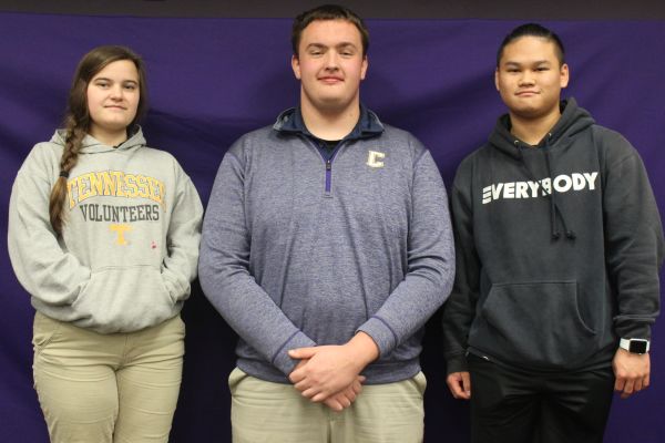 2019 CENTRAL STUDENTS OF THE WEEK -- Three seniors, Maddie Pedigo (left), Wyatt Garrett (middle), and Cristopher Chea (right), pose as they are congratulated for being students of the week. 