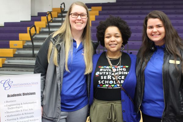 2019 CENTRAL HIGH SCHOOL COLLEGE FAIR-- Three advisers from Chattanooga State Community College pose while waiting for students to arrive.