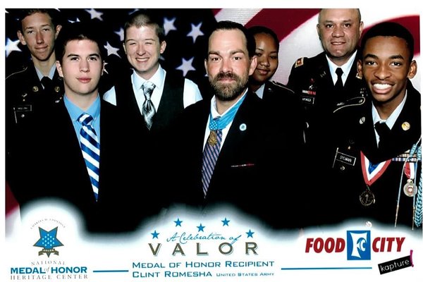 JROTC STUDENTS ATTEND CELEBRATION OF VALOR LUNCHEON WHERE MEDAL OF HONOR RECIPIENT SHARES HIS STORY -- Central JROTC students are pictured with Medal of Honor recipient, Clint Romesha. (Left to right: Tyler Mullins, Zach Defur, Hyatt Green, Clint Romesha, Airicka Richardson, Major David Spencer, Jacob Sylman)