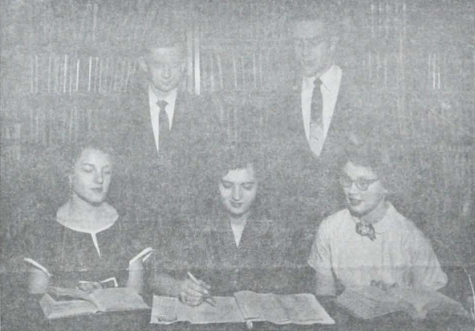 LOOKING BACK: YOUTH WANTS TO KNOW IS COMMENCEMENT THEME FOR CLASS OF 1956 GRADUATION - - The commencement speakers for the 1956 graduation (Left to right: seated; Mooneen Camp, Carolyn Lansford, Sharon Scherer, standing; Everett ONeal, Larry Brock)