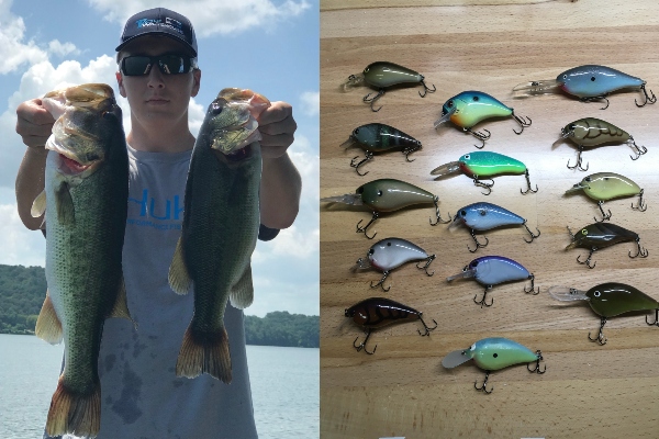 REEL 'EM IN: LUCAS KEOWN DESIGNS HIS OWN FISHING LURES-- Lucas Keown pictured holding two fish he caught alongside a photo of his hand-made fishing lures.