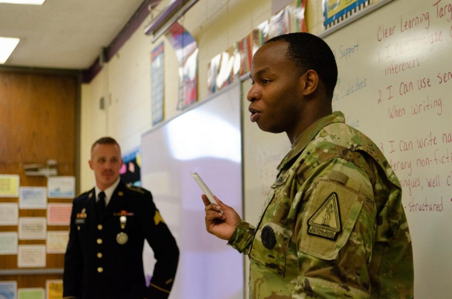 2019 CAREER EVENT GIVES STUDENTS A VALUABLE INSIGHT INTO THE WORKFORCE — Donovon Armour is with Thomas Fairfield explaining what his job is like at the National Guard to Central Students.