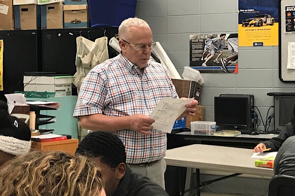 MARK CUTTLE JOINS CENTRAL STAFF AS THE NEW BUSINESS TEACHER --  Mr. Cuttle is going over a test review with his students.