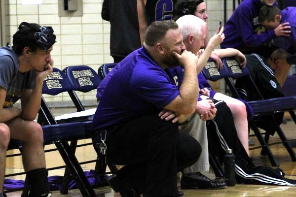 MALLORY'S SEVENTH YEAR OF COACHING WRESTLING BRINGS HIS FIRST FOUR YEAR WRESTLERS -- Coach Ryan Mallory is on the sidelines during Thursday’s match against Sequatchie County and Red Bank.