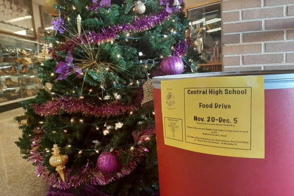 DECK THE HALLS... OR NOT? -- Centrals canned food donation bin is located near the front office, near the schools only holiday decor.