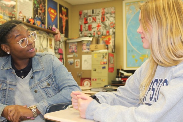 UTC HOSTS DEBATE COMPETITION FOR HAMILTON COUNTY SCHOOLS -- Senior Trinity Bennett and Junior Taylor Hearrell practice their debate skills in the classroom.