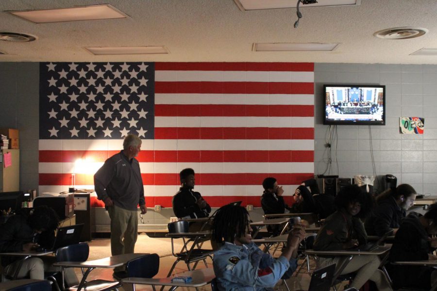 STUDENTS IN TENNESSEE NOW REQUIRED TO PASS CIVICS TEST TO GRADUATE -- Pictured above is a mural of the United States flag in Mr. Massengales room, one of the government classes at Central.