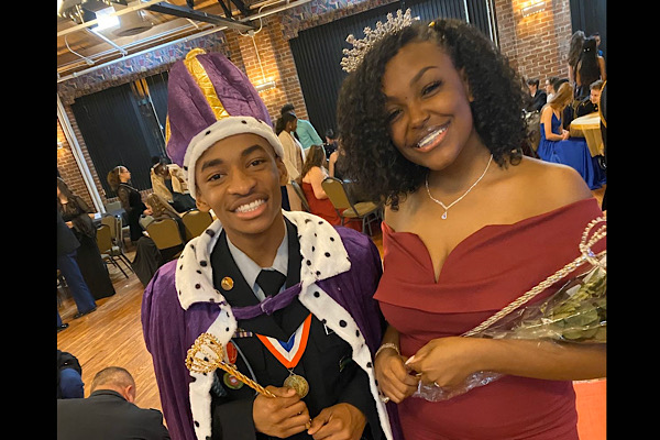 SENIORS JACOB SYLMAN AND JAHNIA RUSSELL NAMED KING AND QUEEN OF 2020 MILITARY BALL -- Military ball king and queen pose moments after their crowning.