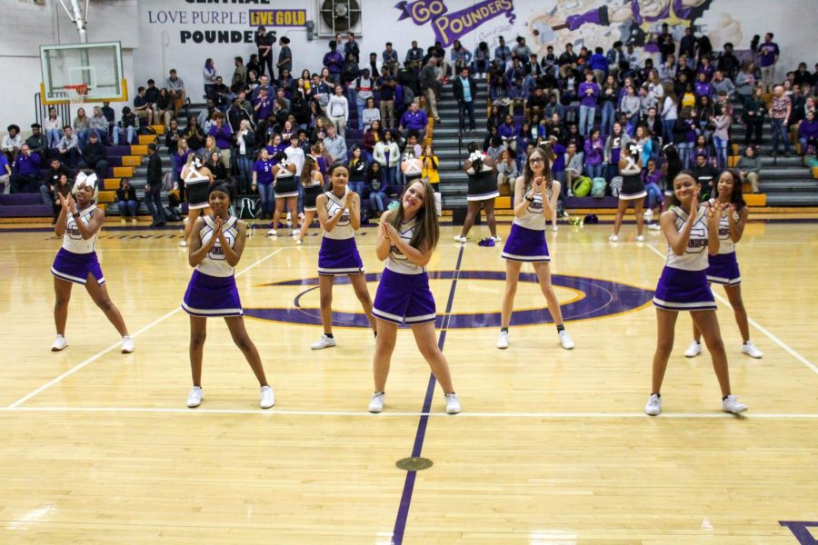 PHOTO GALLERY: 2020 FEBRUARY PEP-RALLY —Junior Varsity  cheerleaders participate in cheers facing the freshmen and sophomore side of the gym.