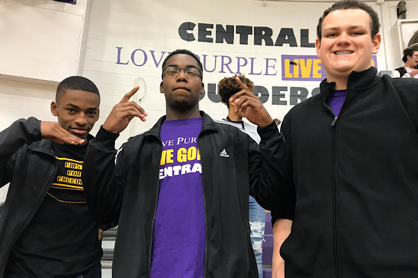 SENIORS ARE REWARDED FOR HIGH ACT SCORES WITH 21 CLUB — From left to right: Seniors Jacob Sylman, Jordan Hudson, and James Ortiz show off their Pounder Pride at the pep rally. 