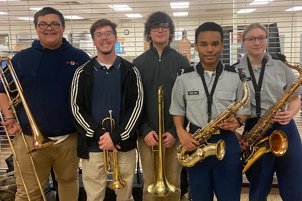 CENTRAL BAND STUDENTS PARTICIPATE IN EAST TENNESSEE STATE BAND AND ORCHESTRA ASSOCIATION SOLO AND ENSEMBLE CONCERT FESTIVAL -- From left to right: Triston Teague, Grant Scutt, Alex White, Erickson Frias-Cruz, and Sydney Stone were selected to represent Central East Tennessee State Band and Orchestra Association.