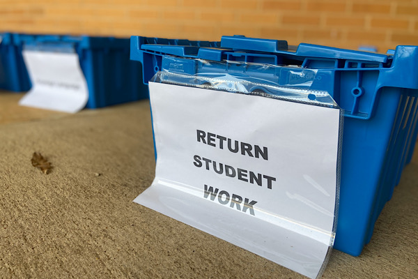 TURN-IN BINS ARE LOCATED DIRECTLY IN FRONT OF THE SCHOOL ENTRANCE —
To the left of the office doors, students can turn in any scholarships, homework, or documents in the designated bins.