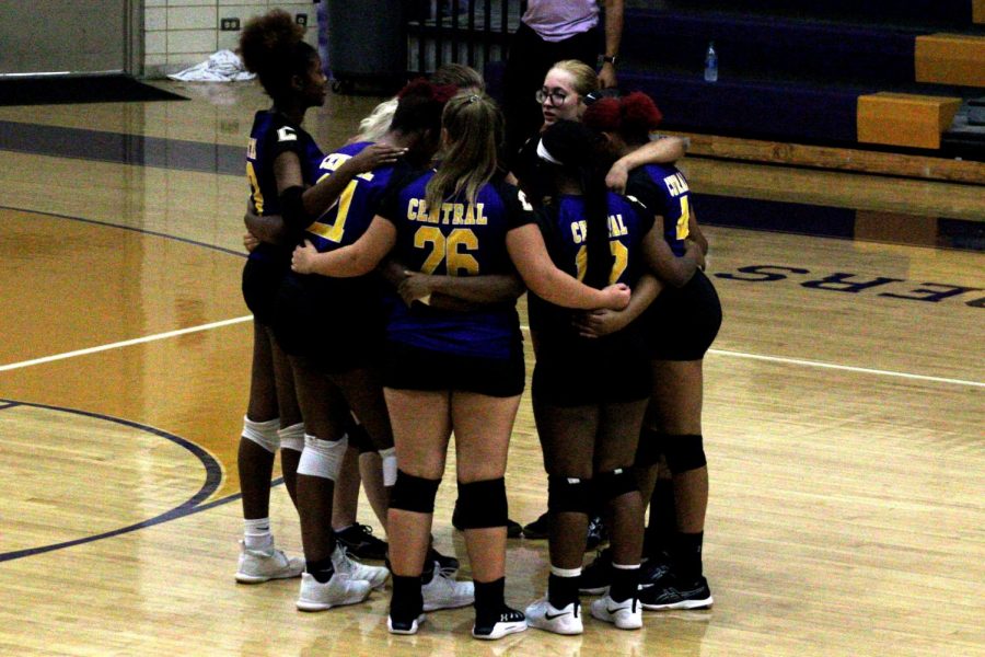 CENTRAL VOLLEYBALL RETURNS -- The volleyball  team huddles before their game against Bradley Central. 
