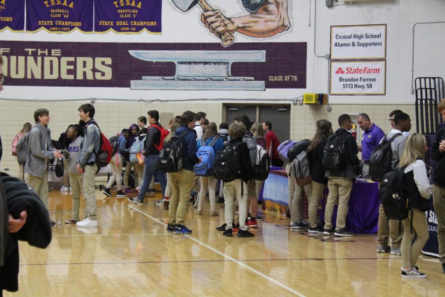 CENTRAL CONTINUES TO FACE DECREASES IN STUDENTS BODY -- Central students explore colleges and other post-high school opportunities at last year's college fair.