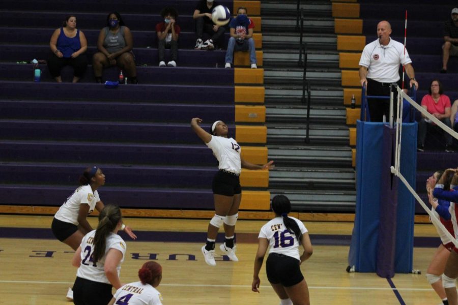 CENTRAL VOLLEYBALL VICTORIOUS OVER DISTRICT OPPONENT THE HOWARD SCHOOL -- Senior Kamren Hammonds spiking in the match against Red Bank. 