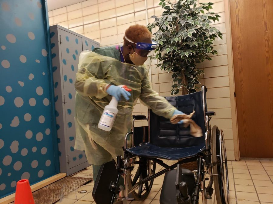 NURSE KIMBERLY LYKES FACES MANY CHANGES FROM COVID-19 -- The nurse at Central is constantly cleaning surfaces to better protect the students and faculty. 