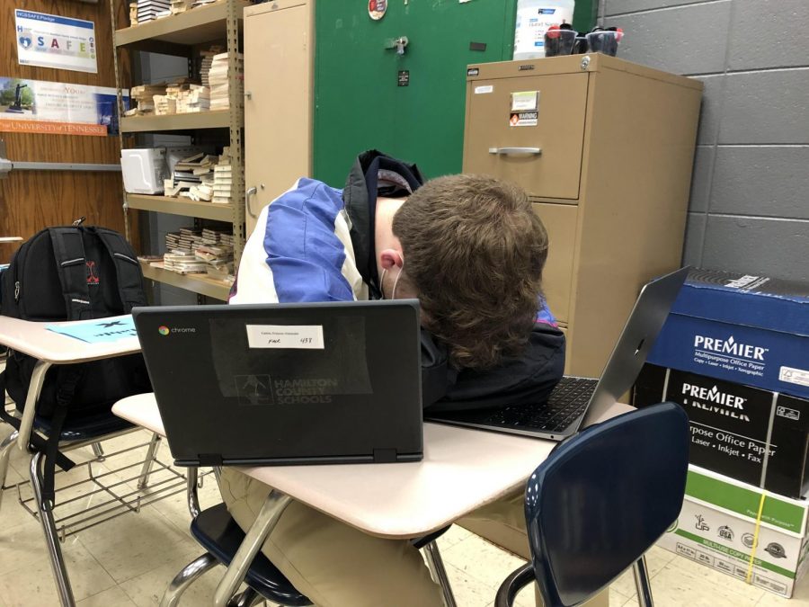CURING A LACK OF MOTIVATION -- Senior Grayson Catlett falls asleep at his desk, tired of his schoolwork.