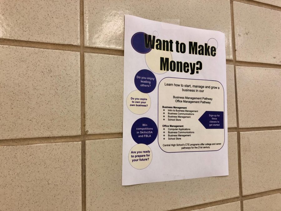 NEW BUSINESS CLASSES WILL BE AVAILABLE IN 2021 -- Teachers have posted several flyers in the hallway to raise awareness and encourage students to sign up for new business classes. 