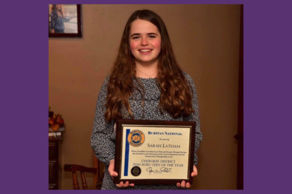 SOPHOMORE SARAH KATHERON LATHAM NAMED DISTRICT RURITEEN OF THE YEAR -- Latham is honored with a plaque for the 2020 Ruriteen of the Year award.